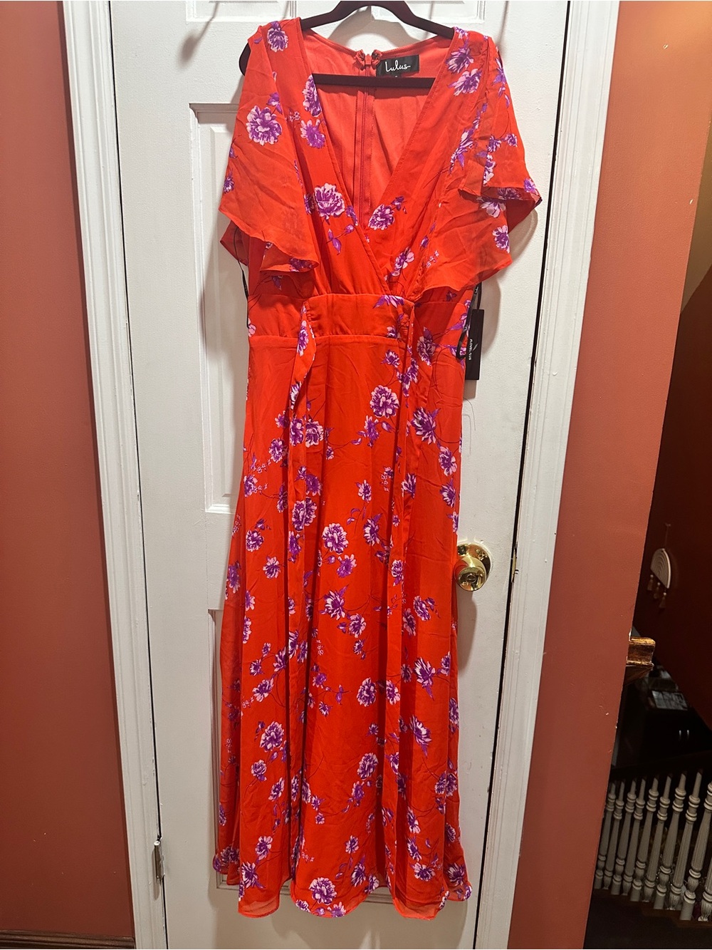 Lulu's Red Maxi Dress with Purple Floral Print
